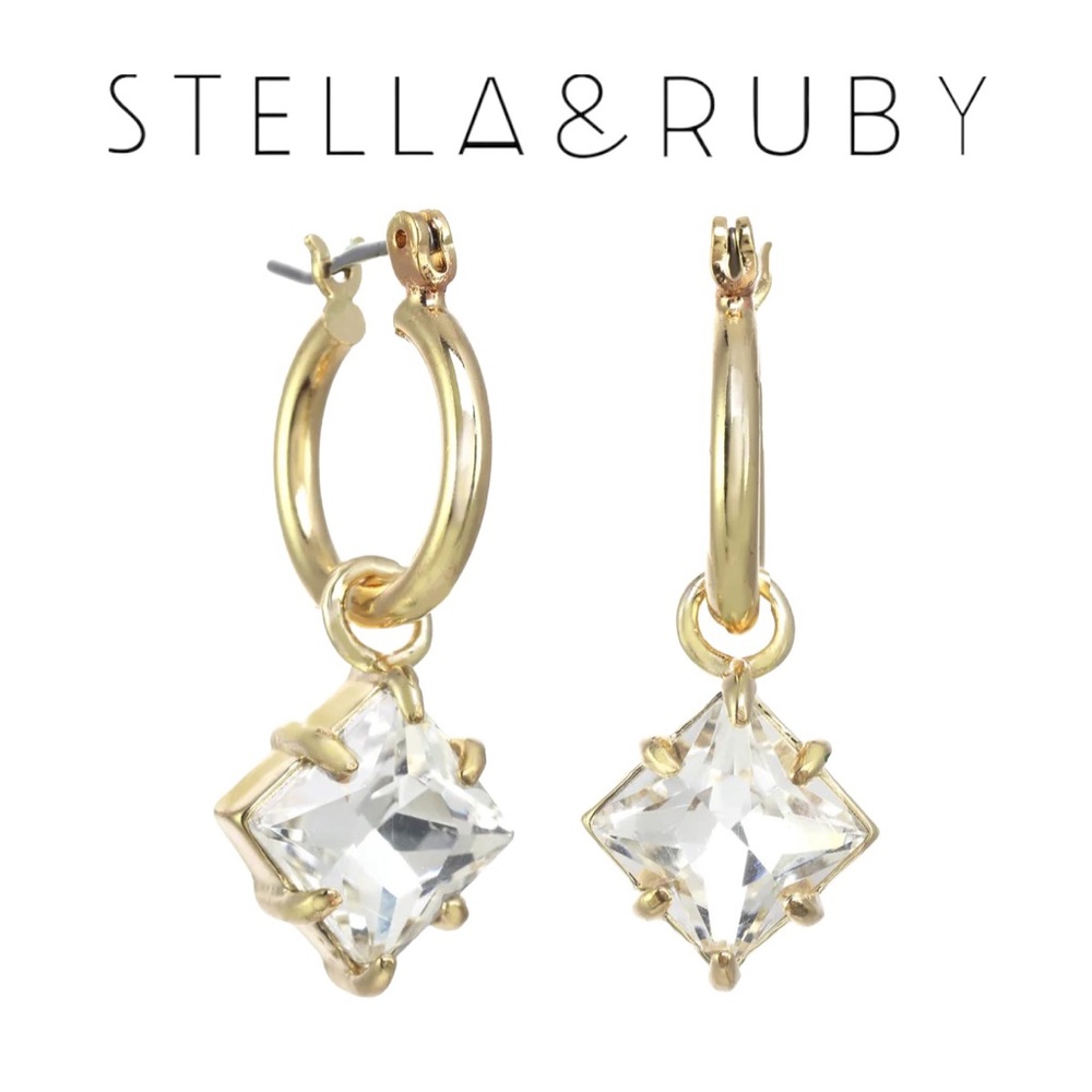NWT Stella & Ruby Clear Square Crystal Drop Huggie Earrings - Picture 1 of 11